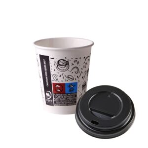 Packs of 25 Printed Cups Recyclable Disposable Paper + 25 Lid– 270ml (9oz) | 20 Packs/box